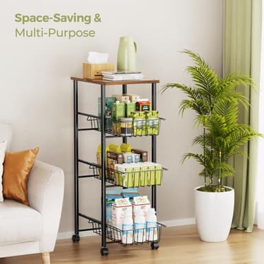 Delamu Kitchen Organizer and Storage Cart, 4-Tier Rolling Utility Cart with Wheels, Slide-Out Baskets and Table Top, for Fruit Potato Onion Vegetable Snack,Black - Image 7