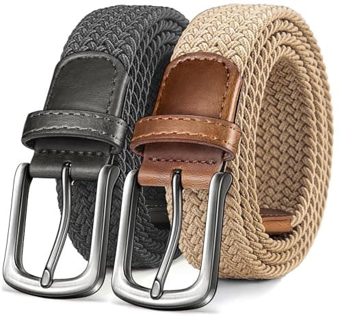 KEMISANT Men's Golf Belt 2 Pack-Braided Woven Stretch Belt for Gift Men Casual Jeans Sports Work 1 3/8"(Beige/Dark Gray,36"-40" Waist Adjustable) - Image 1