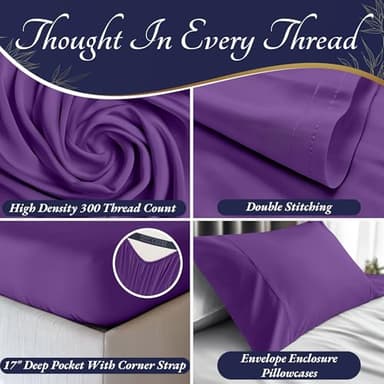 DECOLURE 100% Viscose Derived from Bamboo Sheets Full Size 4pcs - Ultra Soft & Luxuriously Cooling, 17" Deep Pocket, Double Stitching, Perfect for Hot Sleepers - Full Bed Sheets (Purple) - Image 3