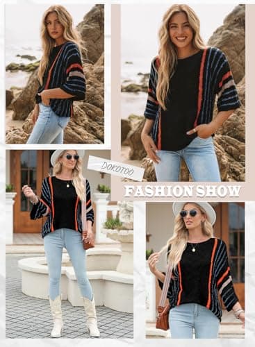 Dokotoo Womens Sweaters Casual Fall Winter 2025 Fashion Crewneck Color Block Striped Wide 3/4 Sleeve Tops Oversized Lightweight Comfy Cozy Cable Knit Trendy Pullover Sweaters Black 2XL - Image 5