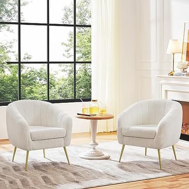 Yaheetech Sherpa Fabric Accent Chair, Modern Cozy Vanity Chair with Gold Metal Legs, Boucle Fabric Armchair with Removable Seat Cushion for Living Room Bedroom Office Guest Room, Ivory - Image 3