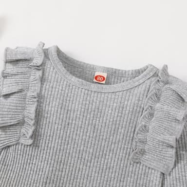 Kislio Toddler Baby Girl Clothes Long Sleeve Ruffle Ribbed Solid Tops Flare Pants Bell Bottoms Fall Winter Outfit Set - Image 4