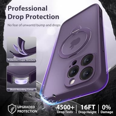GolbinBox 360° Spin Magnetic Stand for iPhone 16 Pro Max Case, [Compatible with MagSafe] [Full Camera Protection] [16FT Military Drop Protection], Silm Translucent Matte Phone Case, Deep Purple - Image 6
