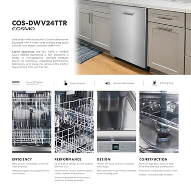 COSMO COS-DWV24TTR 24 in. Vista Collection Built-in Dishwasher, Advanced Sanitize Technology, Ultra-Quiet Operation in Stainless Steel - Image 6