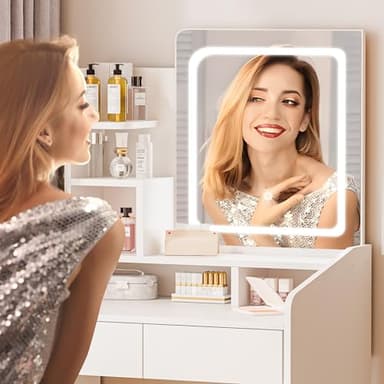 LIVELYGLOW Small Makeup Vanity Desk with Lighted Mirror, White, 23.62" W x 15.74" D x 53.93" H (Smart LED Mirror, Open Shelves, 2 Drawers) - Image 3