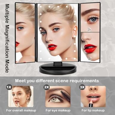 Flymiro Tri-fold Lighted Vanity Makeup Mirror with 3x/2x Magnification,21 LEDs Light and Touch Screen,180 Degree Free Rotation Countertop Cosmetic Mirror,Travel (Black) - Image 2