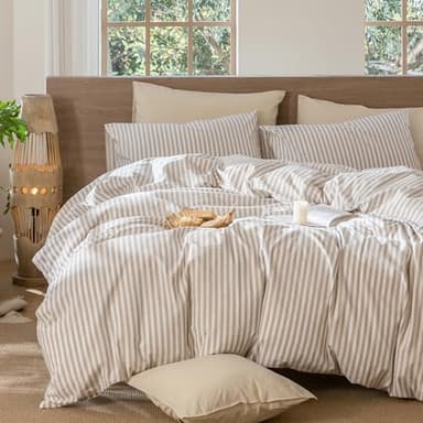 MooMee Striped Duvet Cover Set 100% Washed Cotton Linen Like Textured Breathable Durable Soft Comfy (Tannish Linen Grey White Classic Stripes, Super Queen 90"x98") - Image 6
