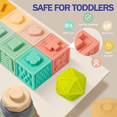 Jyusmile Baby Toys 6-12 Months, Montessori Toy for Babies 6-12 Months, Incl Stacking Building Blocks & Soft Infant Teething Toys & Sensory Balls for Toddlers 0-3-6-9-12 Month - Image 2