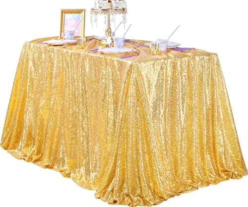 QueenDream 90x132inch Rectangle Sparkly Gold Sequin Tablecloth Wedding Glitter Tablecloth for Birthday Party Decor - Image 1