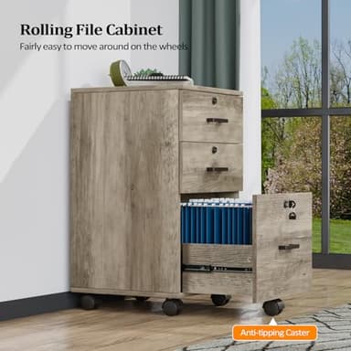 VINGLI 3-Drawer File Cabinet with Lock, Wood Rolling Under Desk File Cabinets for Home Office, Mobile Printer Stand & Filing Organizer for Letter Sized Files, 26" H(Caster Included), Rustic Gray - Image 7