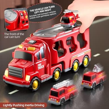 5 in 1 Fire Truck Cars for Toddlers 3-5, Boy Car Truck Toys with Light Sound, Birthday Gifts for 3 4 5 6 Year Old Boy - Image 5