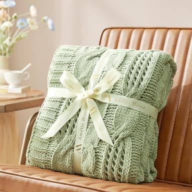 Amélie Home Chunky Knit Throw Blanket, Dual-Sided Soft Chenille Breathable Cable Knitted Blanket for Couch, Farmhouse Decorative Throw for Sofa & Chair, 50"x60", Sage Green - Image 7