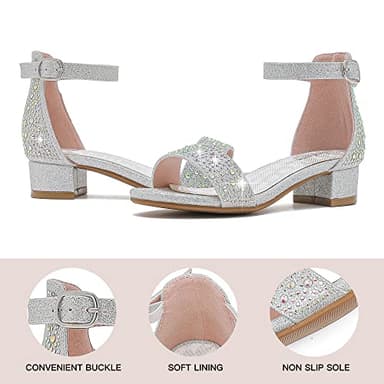 Dufannie Kid Heels for Girls Dress Shoes Size 4 Silver Girls Sandals Low Heel Flower Girl Shoes Wedding Party Pageant Easter Sparkly Open Toe Big Kids High Heels Pumps Shoes(3603Silver 4) - Image 7