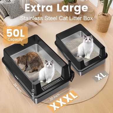 XXXL Stainless Steel Litter Box,Extra Large 28" L x 20" W Metal Litter Box for Big Cats & Multiple Cats with High Sided, Anti-Urine Leakage, Non-Sticky, Easy Cleaning, Include Scoop(Black) - Image 2