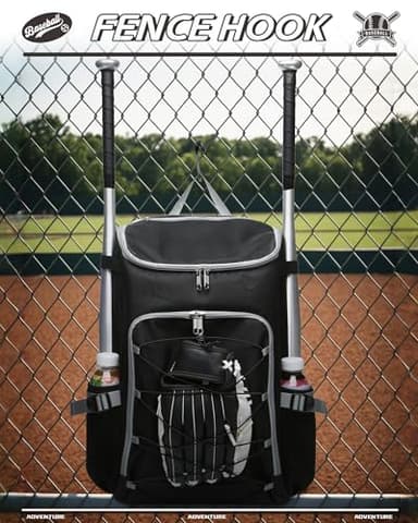 FOKDUVB Baseball Softball Gear Bag Backpack for Boys Girls Ages 6-8 8-12 12-14 Large Kids T-Ball Bat Bags with Ventilated Shoe Compartment Baseball Softball Players Stuff Supplies Black Gray Solid - Image 6