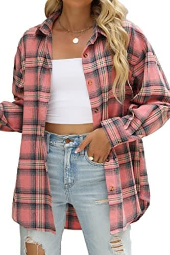 CHYRII Womens Button Down Flannel Shirts Long Sleeve Plaid Shacket Business Casual Blouse Topss Pink -7122 XL - Image 1