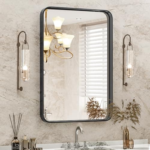 DUMOS Black Metal Framed Vanity Rounded Rectangle Bathroom Mirrors for Over Sink Wall, 30x22 Inch Matte Large Mirror, Modern Decorative for Restroom, Farmhouse, Horizontally or Vertically Hanging - Image 1