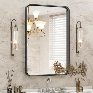 DUMOS Black Metal Framed Vanity Rounded Rectangle Bathroom Mirrors for Over Sink Wall, 30x22 Inch Matte Large Mirror, Modern Decorative for Restroom, Farmhouse, Horizontally or Vertically Hanging - Image 1