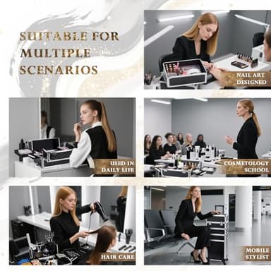 Stagiant Rolling Makeup Case Cosmetology Case on Wheels 4 in 1 Large Cosmetic Organizer Train Case Makeup Travel Case with Key Swivel Wheels Nail Artist Salon Storage Traveling Cart Trunk Black - Image 4