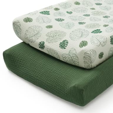 Blissful Diary Muslin Changing Pad Cover for Girls Boys, Ultra Soft Breathable Cotton, Baby Diaper Change Table Pad Covers, 2Pack (Monstera Leaves&Dark Green) - Image 8
