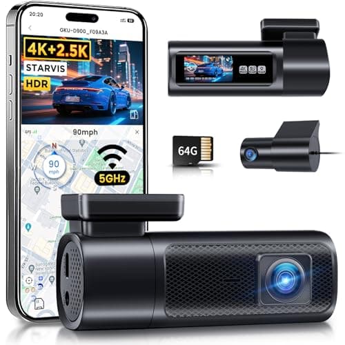GKU Dash Cam Front and Rear, 4K 60fps＋2.5k Dashcam,STARVIS Sensor, HDR, 5G WiFi GPS, 24H Parking Mode, Night Vision, 170°Wide Angle, Dash Camera for Cars with 1.47 Display, 64G SDcard (Midnight) - Image 1