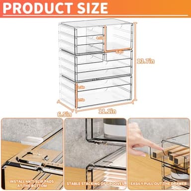 Yieach 3Pack Clear Drawer Organizers Stackable,Acrylic Storage Drawers With 10 Drawers,Multipurpose Office Supply Organizer and Makeup Organizer for Beauty,Craft,Pen,Medical,Stationary Desk Organizers - Image 3
