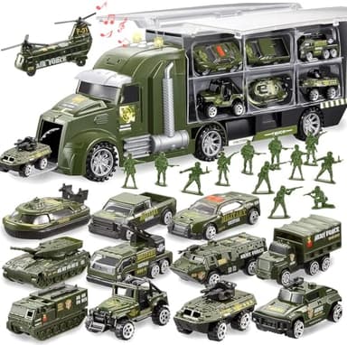JOYIN 25 in 1 Green Military Big Truck Toys, Army Men Tanks Set with Soldier Men, Mini Battle Car Toy in Carrier Truck with Lights and Sounds, Gifts for Toddler Kids Boys Ages 3+ - Image 1