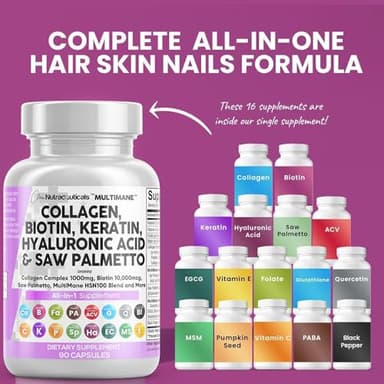 Clean Nutraceuticals Collagen Pills 1000mg Biotin 10000mcg Keratin Saw Palmetto Hyaluronic Acid - Hair Skin & Nails Vitamins & DHT Blocker with Vitamin E Folic Acid Pumpkin Seed MSM - 90 Count - Image 2