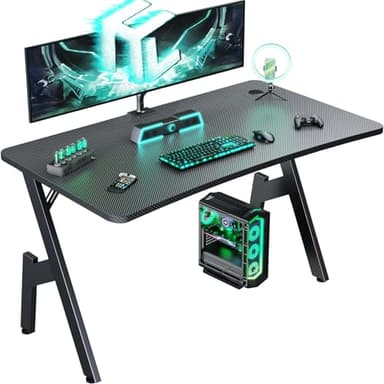 HLDIRECT 40 Inch Gaming Desk, Small Computer Gaming Desk Table with Cable Management, Ergonomic A Shape Modern Carbon Fiber Gamer Table Pc Workstation Home Office Desks for Small Space, Black - Image 1