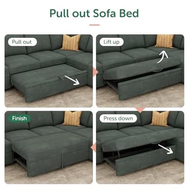 HONBAY Sectional Sleeper Sofa with Pull Out Bed, Corduroy L Shaped Couch with Storage, Modular Sectional Couches for Living Room, Green - Image 6