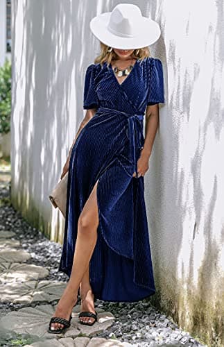 BerryGo Women's Formal Velvet Wrap Dress V Neck Cocktail Short Sleeve Swing Long Maxi Dress Navy L - Image 3