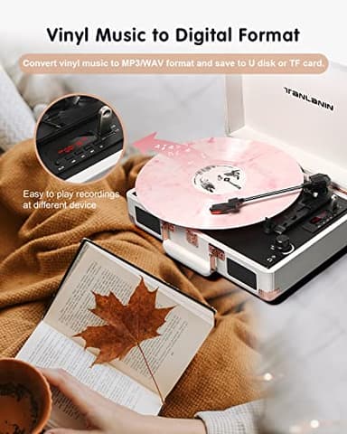 Vinyl Record Player Bluetooth Vintage 3-Speed Portable Suitcase Turntables with Built-in Speakers, Belt-Driven LP Player Support USB Recording AUX-in RCA Line Out Headphone Jack, White - Image 3