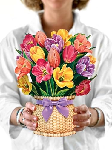 Freshcut Paper Pop Up Cards, Festive Tulips, 12 Inch Life Sized Forever Flower Bouquet 3D Popup Greeting Card, Birthday Cards, Thank You Card, Blank Notecard & Envelope - Image 1