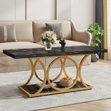 Tribesigns Rectangle Coffee Table, 47.24-inch Modern Coffee Tables for Living Room, 2-Tier Faux Marble Wood Coffee Table with Geometric Metal Legs, Furniture with Storage Shelf (Black & Gold) - Image 3