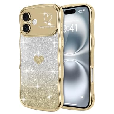 Teageo for iPhone 16 Plus Case for Women Girls Cute Curly Wavy Love Heart Glitter Bling Camera Protection Sparkly Luxury Elegant Shockproof Cover Clear Wave Phone Case for iPhone 16 Plus 6.7", Gold - Image 7
