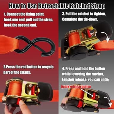 KJE Retractable Ratchet Tie Down Straps (2Pack), 2" x 10' Heavy Duty - 3,310lb Max Break Strength, Upgrade S-Hook with Clip, Self Retracting Ratchet Strap for Motorcycle, Kayak, ATVs, Boats - Image 5