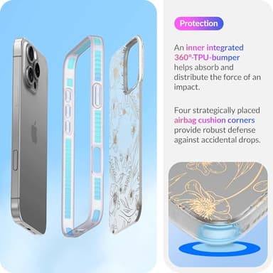LONLI Hue Case for iPhone 16 Pro - [360° Shock-Absorbent Bumper] - [Cute and Unique Phone Cover for Girls and Women] - Gold Floral - Image 4