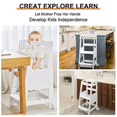TOETOL Bamboo Toddler Kitchen Step Stool White Helper Standing Tower Height Adjustable with Anti-Slip Protection for Kids Kitchen Counter Learning - Image 3