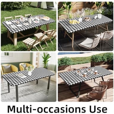 Smiry Rectangle Picnic Table Cloth, Elastic Waterproof Fitted Vinyl Tablecloths, Flannel Backed Buffalo Plaid Table Covers for Dining, Camping, Outdoor (Black and White, 30" x 72") - Image 6