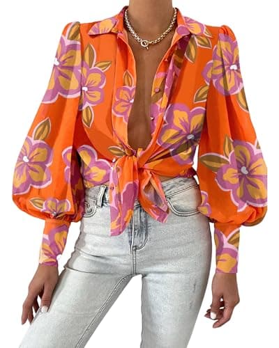 BTFBM Women Fashion Button Down Shirts V Neck Printed Solid Boho Long Sleeve Blouses Dressy Casual Summer Fall Tops(Floral Orange Purple, Small) - Image 1