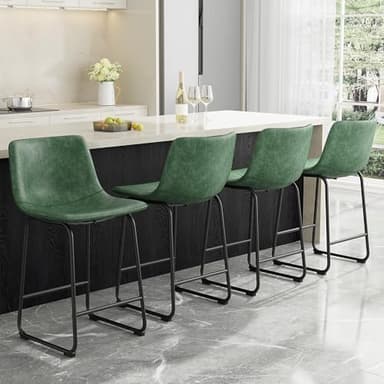 REONEY Bar Stools Set of 2, 26inch PU Leather Counter Height Bar Stools, Modern Barstools with Metal Legs and Footrest, Urban Armless Dining Chairs with Backrest for Kitchen Island (Green) - Image 7