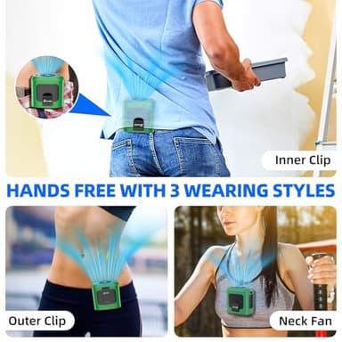 Zeadio Portable Waist Clip Fan, 3 Speeds 10000mAh Operated Hands-free Wearable Necklace Fan, with lighting function for Hot Flashes Home Office Travel Outdoor Sports - Green - Image 3