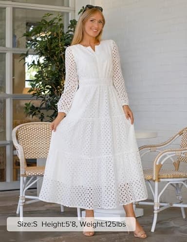 ZESICA Women's 2025 Fall Long Sleeve Maxi Dress V Neck Hollow Out Eyelet A Line Long Flowy Casual Party Dresses White Medium - Image 6