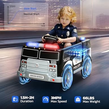 ELEMARA 12V Ride on Police Car, Electric Ride on Cop Cars for Kids,Battery Powered Ride on Truck, Ride On Toy w/Parent Remote Control,Siren-Call,walkie-talkies, Flashing Lights,Bluetooth,Music,Black - Image 5