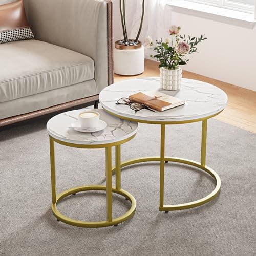 Smuxee White Nesting Coffee Table Set of 2, 23.6“ Round Coffee Table Wooden Marble Pattern with Adjustable Non-Slip Feet, Industrial End Table for Living Room Bedroom Balcony Gold - Image 1