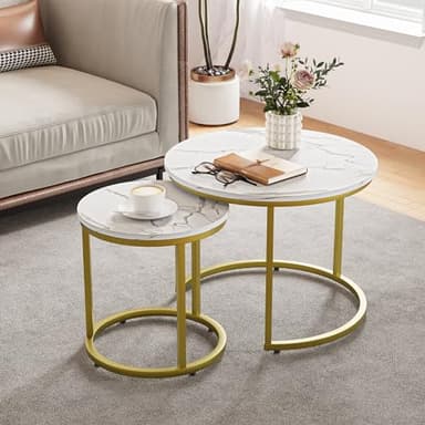 Smuxee White Nesting Coffee Table Set of 2, 23.6“ Round Coffee Table Wooden Marble Pattern with Adjustable Non-Slip Feet, Industrial End Table for Living Room Bedroom Balcony Gold - Image 1