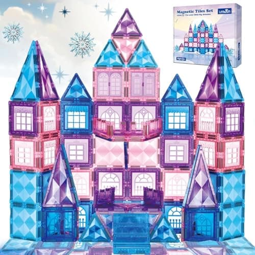 Little Pi 102pcs Frozen Princess Castle Magnetic Tiles Building Blocks - 3D Diamond Blocks, STEM Educational Toddler Toys for Pretend Play, 4 Year Old Girl Birthday Gifts Kids Ages 3 5 6 7 8 - Blue - Image 1