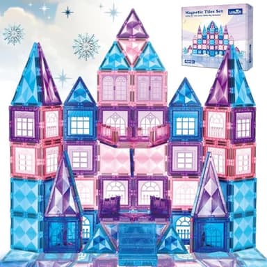 Little Pi 102pcs Frozen Princess Castle Magnetic Tiles Building Blocks - 3D Diamond Blocks, STEM Educational Toddler Toys for Pretend Play, 4 Year Old Girl Birthday Gifts Kids Ages 3 5 6 7 8 - Blue - Image 1