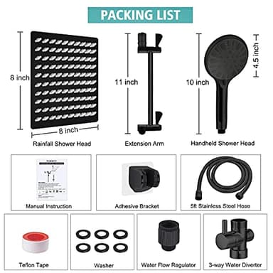 Shower Head, 8‘’ High Pressure Rainfall/Handheld Shower Combo with 11'' Extension Arm, 9 Settings, Anti-leak Shower Head with Holder, Height/Angle Adjustable, Chrome, Matte Black - Image 7