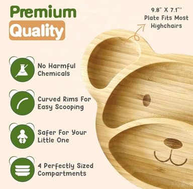Bamboo Plates for Kids - Baby & Toddler Plates with Suction for Feeding & Weaning, Eco-Friendly Bear Design Promotes Self-Feeding, Ideal for Busy Moms & Dads, Sturdy & BPA-Free (Mint) - Image 3